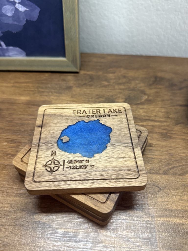 Crater Lake walnut resin coaster set