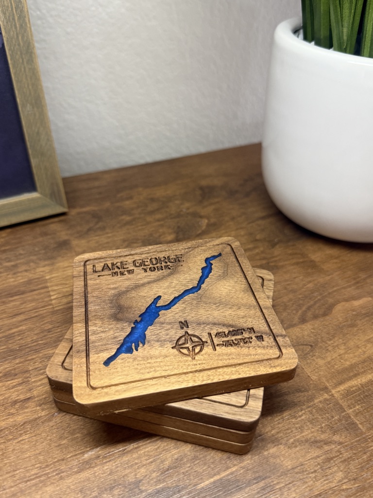 Lake George walnut resin coaster set