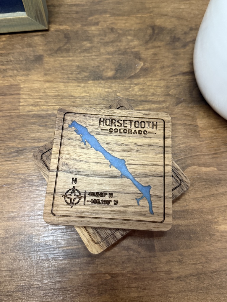 Horsetooth Reservoir walnut resin coaster set