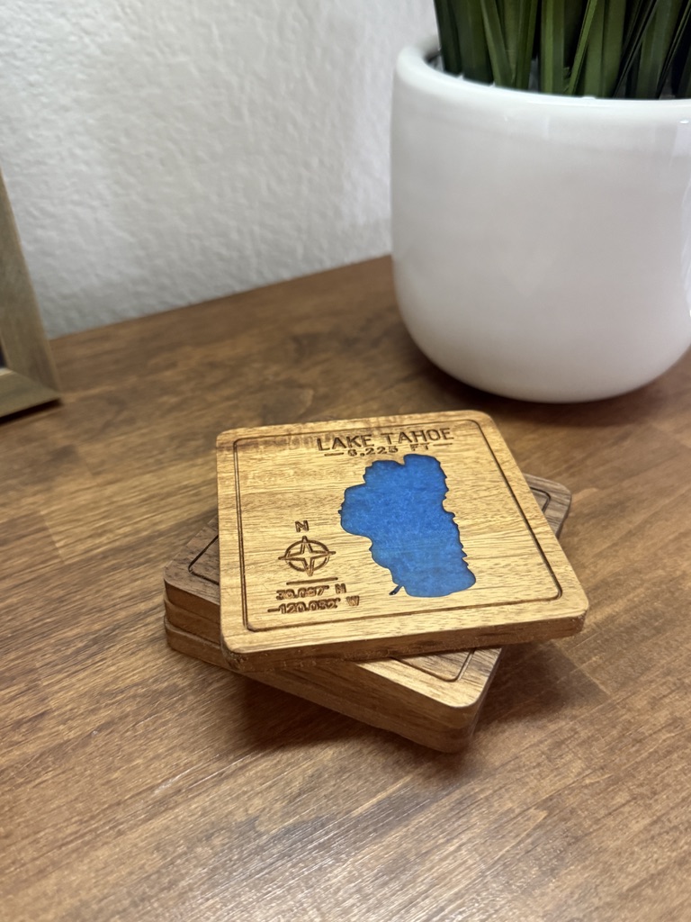 Lake Tahoe walnut resin coaster set